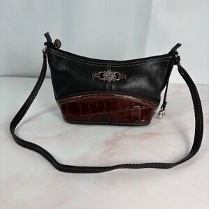 Brighton‎ Black Leather Embossed Crocodile Trim Shoulder Bag Heart Charm